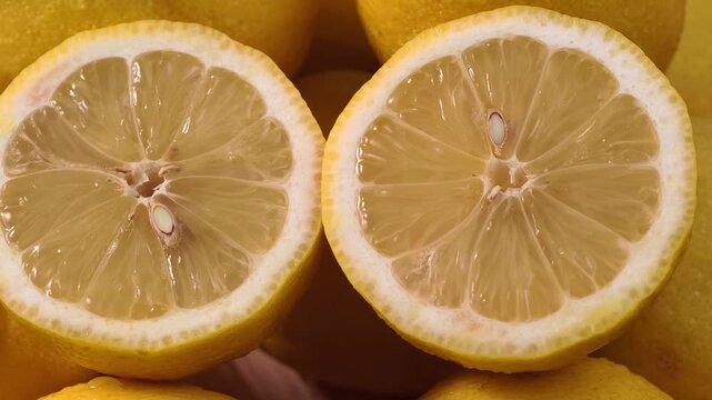 Close-up display of halved fresh yellow lemons