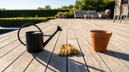 Naklejka premium Watering can, gardening gloves and terracotta pot on wooden deck for gardening activities on sunny day