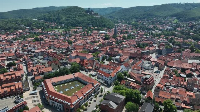 Drone footage of Wernigerode Old Town with historic half timbered architecture, Harz Region, Saxony Anhalt, Germany