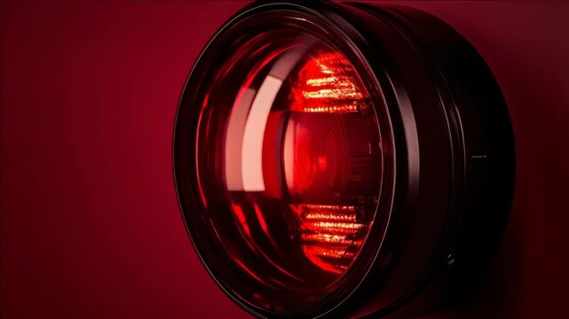High-resolution of a DSLR or mirrorless camera lens featuring striking red lens flare and bokeh effects in an indoor setting.
