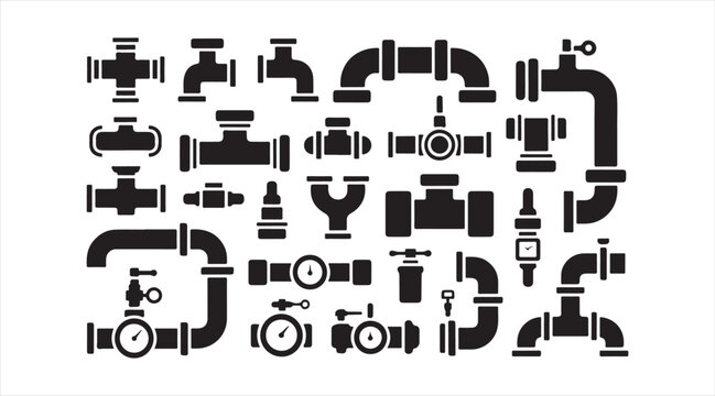 Industrial Pipe Fitting Icons Set Featuring Plumbing Components, Pipeline Connections and Engineering Symbols