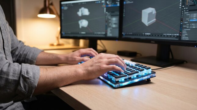 Designer hands typing on a backlit mechanical keyboard with 3D modeling software on dual monitors