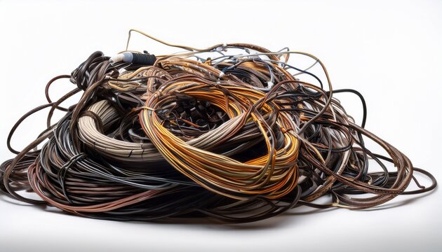 old used cables tangled isolated against a white background