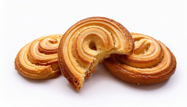 danish bakery style swirl biscuit cookies flay lay eaten bite taken isolated against a white background background