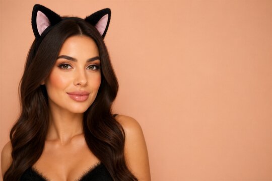 Young woman wearing cat ears posing against studio backdrop