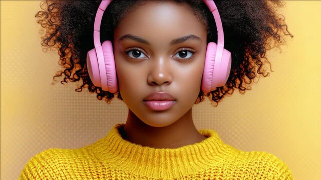 A young woman wearing pink headphones is listening to music while posing for the camera. She has curly hair and wears a yellow sweater.