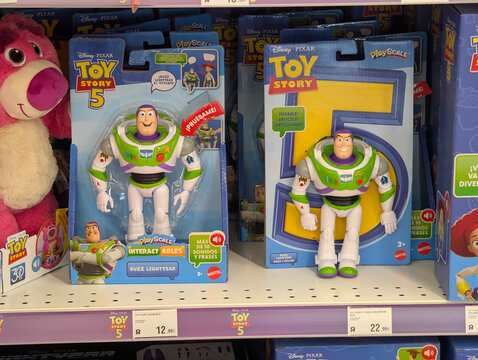 Palma de Mallorca, Spain - June 20, 2026: Toy Story 5 Buzz Lightyear interactive and posable action figures on display. Toys R Us store, Mattel, Disney Pixar, Interactables, space ranger figure.