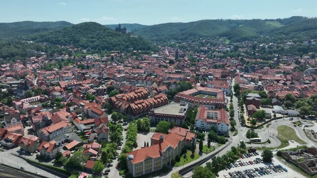 Drone footage of Wernigerode Old Town with historic half timbered architecture, Harz Region, Saxony Anhalt, Germany