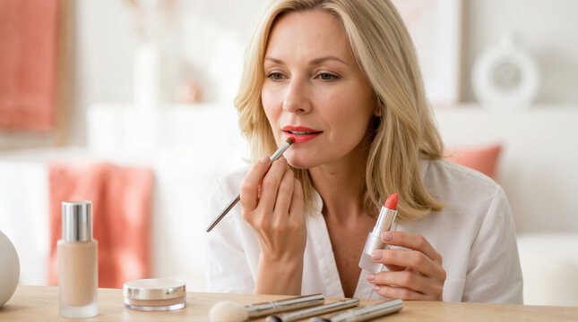 Blonde woman applying red lipstick with a lip brush. Female doing her makeup routine at a wooden table with cosmetics. Beauty and skincare concept