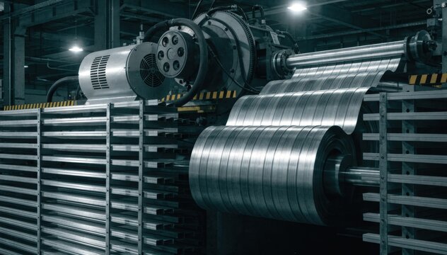 Ribbed roof panel production captured in medium shot emphasizing mechanical efficiency as uniformly formed metal sheets exit the roll former onto organized stacking racks.