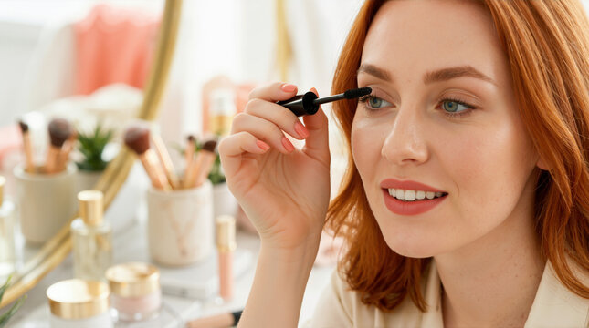 Close up of a redhead woman applying mascara. Smiling young female with red hair doing eye makeup at a vanity table. Beauty and cosmetics routine