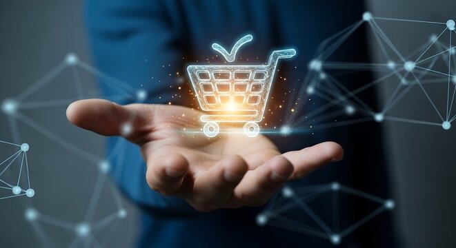 Virtual shopping cart data and digital commerce concept held in hand glowing with light technology background