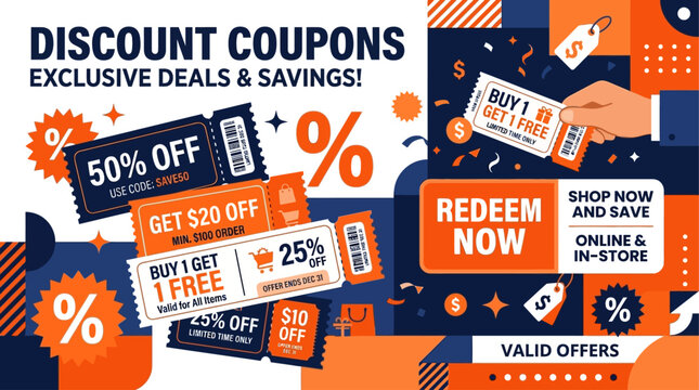 Discount coupons with exclusive deals and savings on shopping