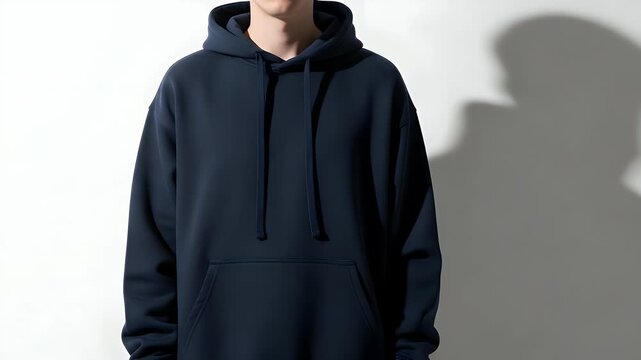 Close-up shot of a man wearing a dark navy blue hooded sweatshirt featuring a front pocket and adjustable drawstring hood with studio lighting.