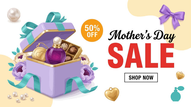 Mother's Day sale advertisement with purple gift box and gold jewelry
