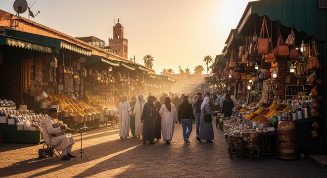 Bustling traditional marketplace at golden hour, people walking through a vibrant outdoor bazaar with stalls and ancient architecture at sunset.