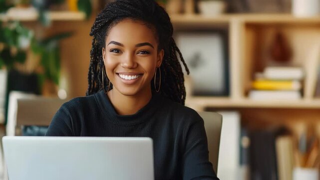 A young woman smiling and working on her laptop while sitting in a comfortable home office setup.
