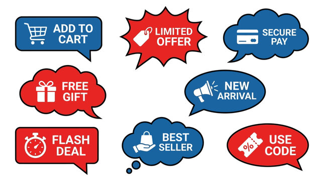 One set of vector illustration design elements including nickname tags, business icons, sale banners, message speech bubbles, serifu text, insignia, price labels, web templates, clouds, thorn symbols