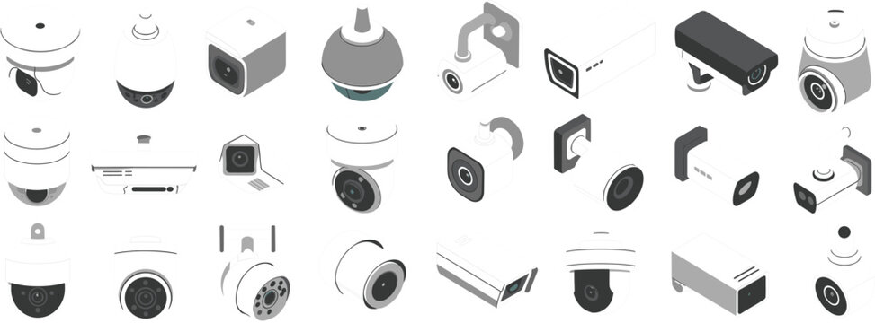 Isometric collection of security surveillance cameras in various designs and colors security camera cctv