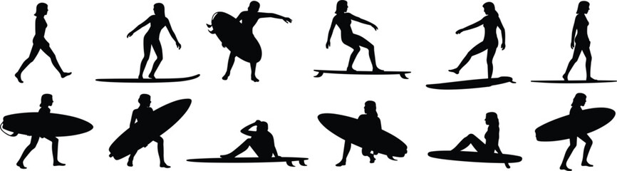Obraz premium Surfing Silhouettes Collection with Women and Surfboards vector untitled