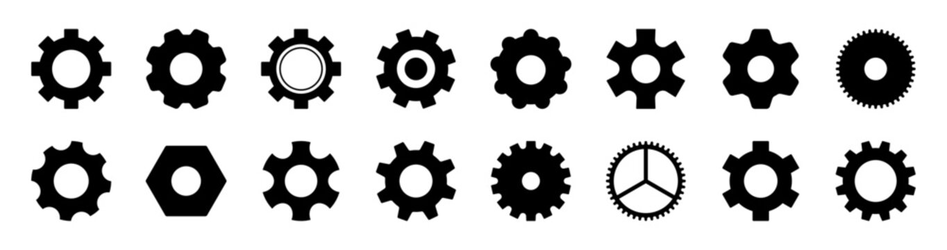 Gear cog settings icon set, mechanical, engineering, maintenance, configuration and machine symbols for industrial technology, Vector illustration