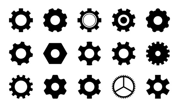 Settings gear cog icon set solid mechanical symbols, engineering, machine, industrial, maintenance, configuration and technology vector illustration.