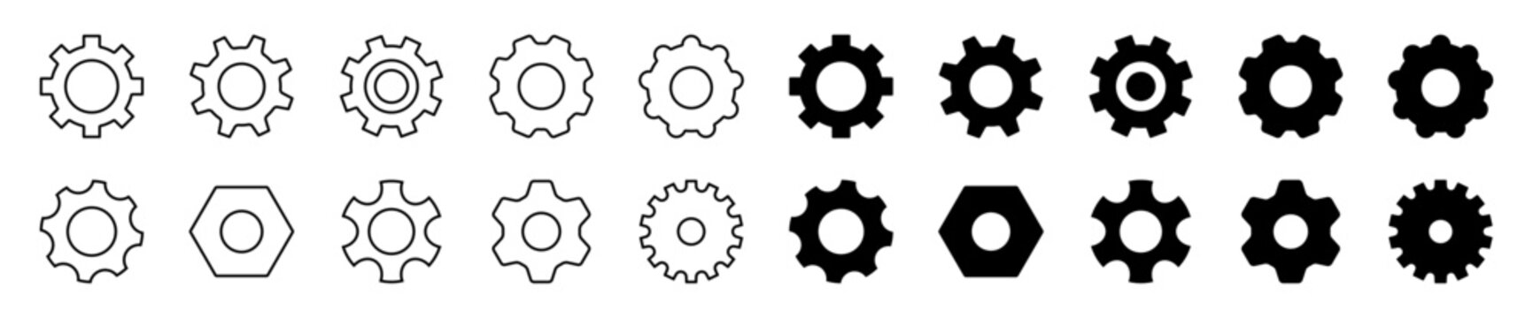 Settings gear cog icon set, Mechanical, engineering, maintenance, configuration and machine symbols in outline and solid for industrial technology, Vector illustration