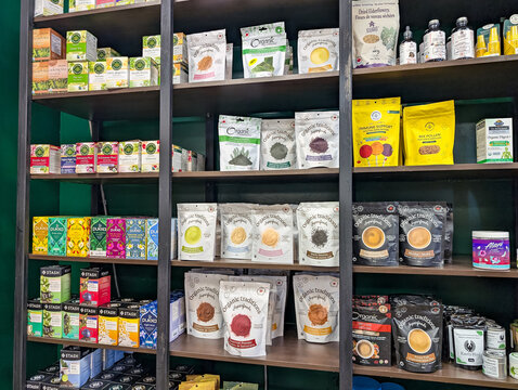Gaspesie, Quebec, 06 June 2026 : Shelves display various organic teas, superfoods, and health supplements in a retail store.
