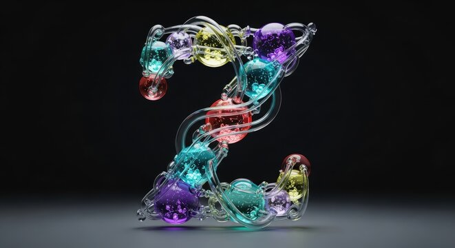 Dynamic 3D render of uppercase letter Z with vibrant glowing spheres and clear liquid glass texture on dark background.