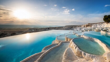 Fototapeta premium Unique Travertine Stone Terraces Accompanied By Serene Water Pools Under Gentle Lighting