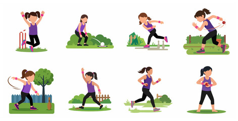 Fototapeta premium Set of vector illustrations showing a young girl in purple sportswear engaged in various sports activities like cricket, bowling, and running.