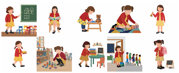 Fototapeta premium Set of Cute Little Girl Kindergarten and School Activities Vector Illustrations