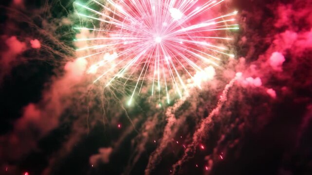 Red fireworks explosion with white stars against dark night sky.