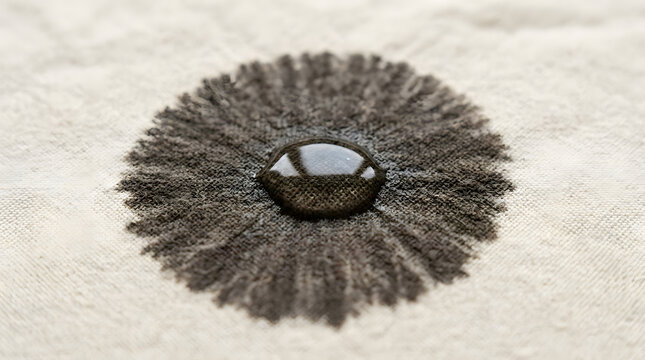 Macro close-up of a water droplet on beige fabric showing absorption and capillary action. Radial wet pattern on neutral textile material. Concept of moisture wicking, absorbency, and textile science 