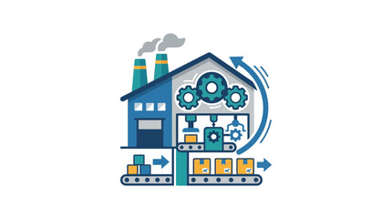 Fototapeta premium Flat Vector Illustration of Automated Industrial Factory and Production Line Process