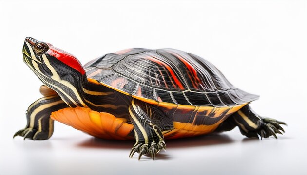 red eared slider turtle with bright red stripes on shell isolated on white background studio shot