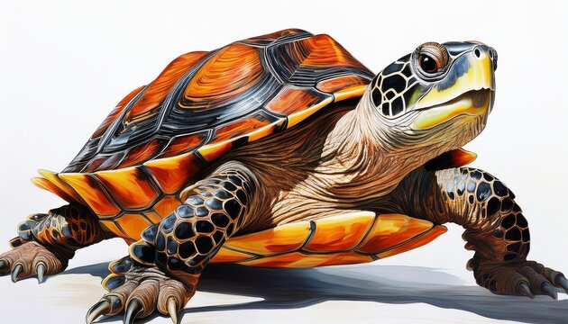 painted turtle with orange and black stripes on shell crawling isolated on white background