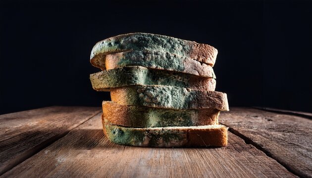 stack of moldy bread slices on rustic wooden table with dark background