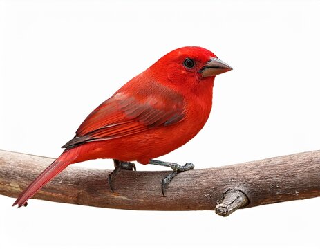 stunning scarlet tanager perching on wooden branch isolated on white background