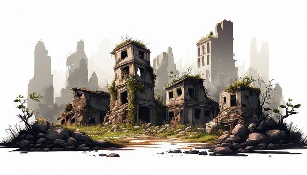 ruin war village building border buildings ruins architectural on white background
