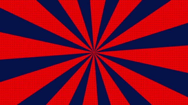 Red and dark blue sunburst radiating lines motion background with halftone dot texture a high contrast and rotating graphic featuring a subtle pattern for retro aesthetic