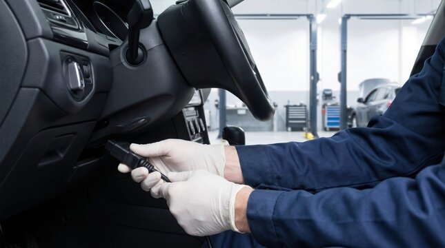 Auto mechanic hands wearing white gloves plugging a diagnostic scanner cable into the OBD port under a car dashboard