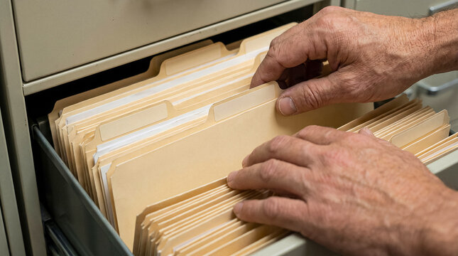 Hands sorting through manila file folders in a filing cabinet drawer