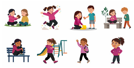 Fototapeta premium Set of cartoon illustrations featuring a young girl expressing various emotions and social interactions like sharing, jumping for joy, sadness, and anger.