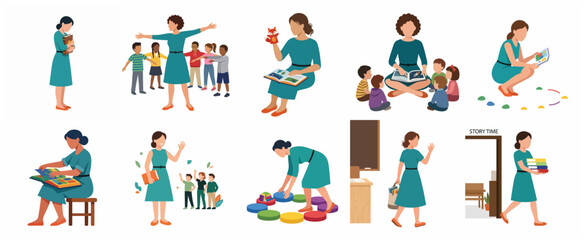 Fototapeta premium Flat vector illustration of a teacher and kindergarten children engaged in various classroom activities like reading, storytelling, and group learning.