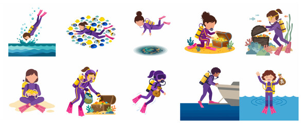 Female Scuba Diver Cartoon Character Set Finding Underwater Treasure Chest © Haimura
