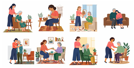 Fototapeta premium Senior care vector illustration set with young women caregivers assisting elderly people at home, including hair styling, drinking tea, and providing emotional support.