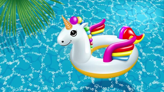 Multicolored inflatable ring - a children's toy for swimming in the shape of unicorns in a transparent blue pool