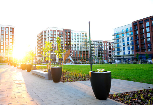 Outdoor flowerpot with flowers in sun rise on pedestrian area in residential complex area. Large outdoor flower pots for decorative landscaping of courtyards, parks, and adjacent areas 