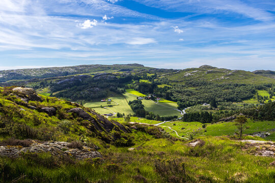 Green Rural Landscape Viewed from a Mountainside in Tysv&aelig;r, Rogaland, Norway